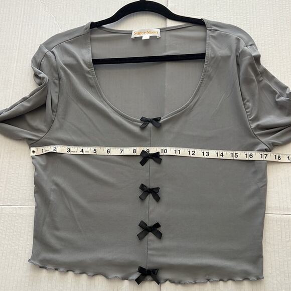 Sugar Moon Gray Mesh Bow Top XL Long Sleeve Ruffle Edge Coquette Y2K Crop - Picture 9 of 11